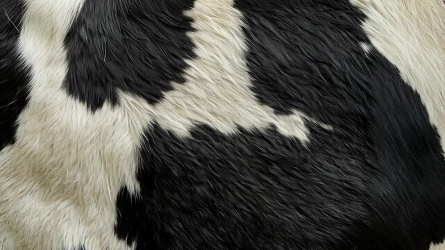 Close-up of cowhide texture, showing black and white patches, with the natural fur pattern filling the entire screen in bold contrast.