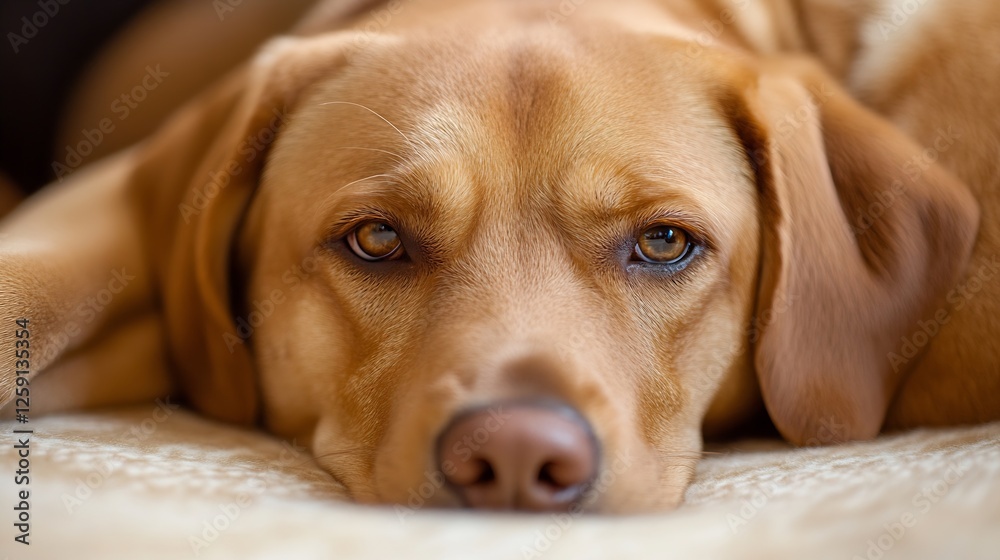 Poster close up portrait of a relaxed brown dog lying down with expressive eyes and soft fur : generative a