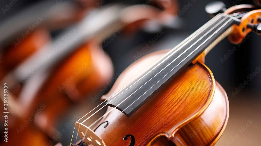 Poster beautifully crafted violins with smooth finishes displayed in a professional music environment : gen