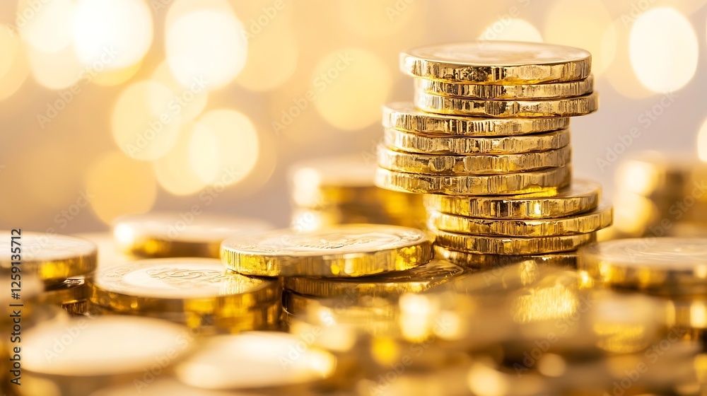 Poster close up of shiny gold coins stacked for financial concept and wealth accumulation : generative ai