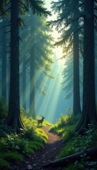 Naklejka premium Mysterious forest with tall trees and wildlife, green, wild