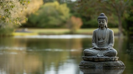 Calm Buddha Statue Beside Peaceful Water Surrounded by Nature : Generative AI