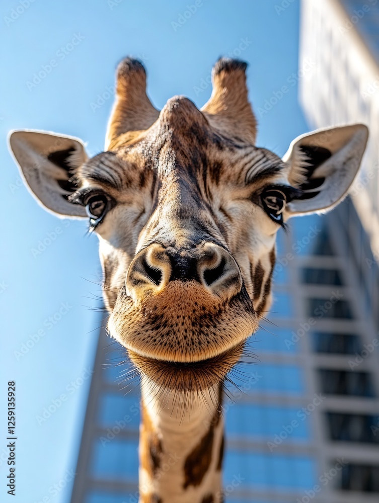 Poster Playful Close Up Portrait of A Giraffe with Sharp Features and Urban Background in Bright Daylight : Generative AI