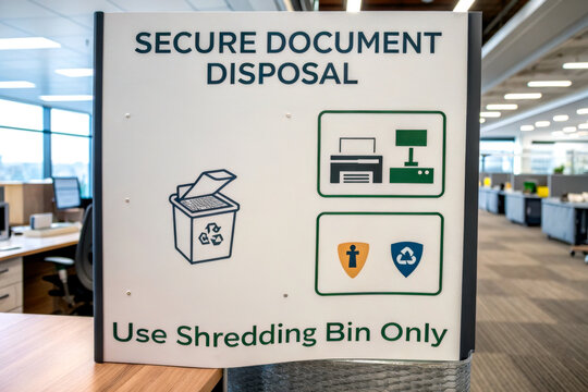 A sign indicating secure document disposal procedures, highlighting the use of a shredding bin for sensitive materials in an office environment.