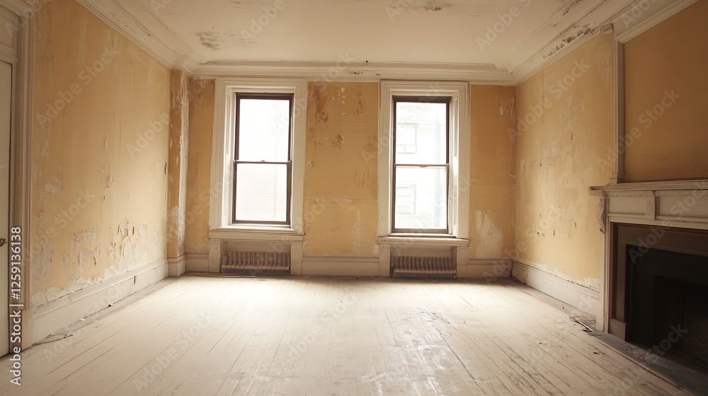Poster empty room with lightly worn yellow walls and wooden floor in a vintage style : generative ai