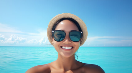 Fototapeta premium woman smiles joyfully at beach, wearing sunglasses and straw hat, with vibrant blue ocean in background.