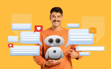 A man with a friendly demeanor interacts with a virtual AI assistant, surrounded by chat bubbles.