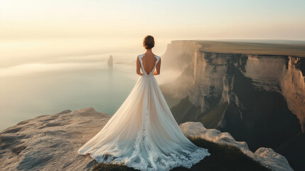 A beautiful bride in an open-back wedding dress, standing on a cliff at sunset, creating a romantic atmosphere