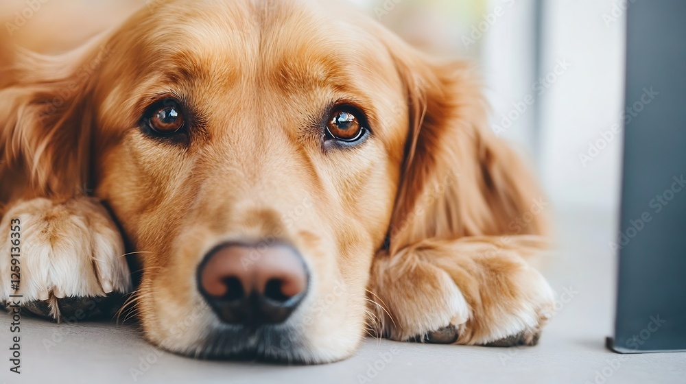 Poster adorable golden retriever resting peacefully with expressive eyes looking at the camera : generative