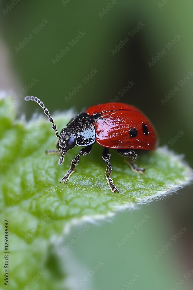 Poster macro shot of a vibrant red ladybug beetle perched on a green leaf displaying nature and wildlife be