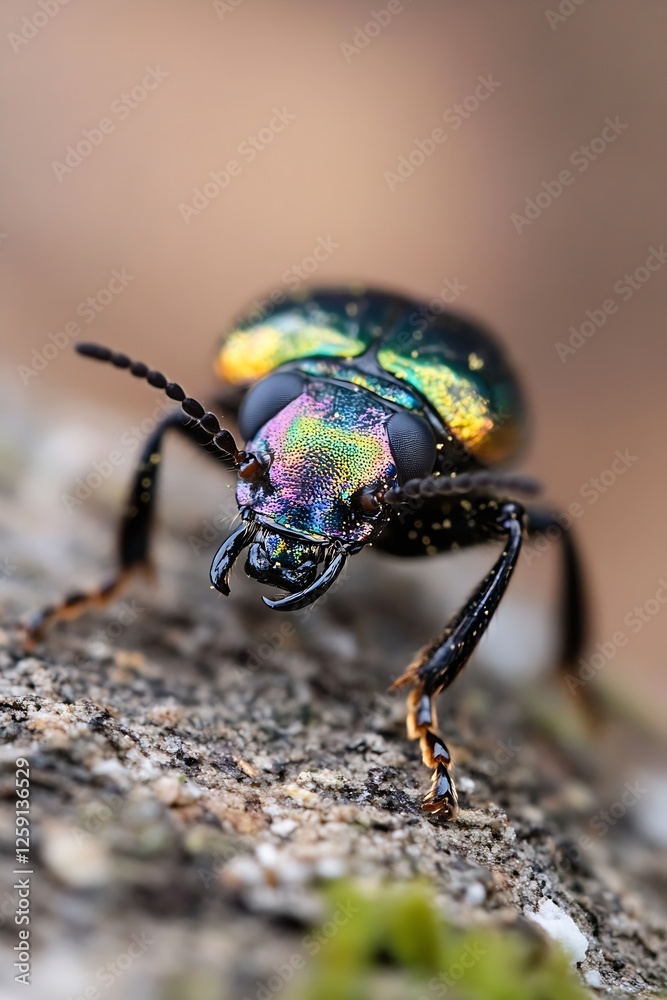 Poster stunning close up of a colorful beetle displaying bright iridescent colors on a natural background :