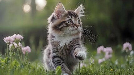 Playful Kitten Running In Grass With Flowers