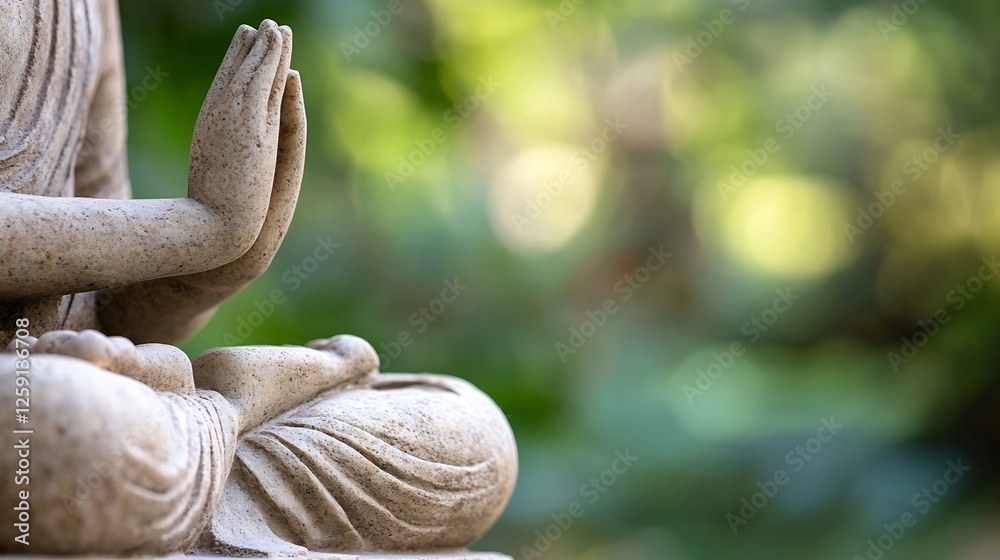 Poster close up of a serene stone buddha hand gesture in a peaceful natural setting : generative ai