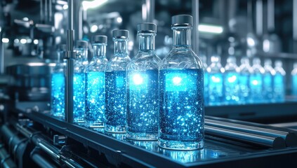 Bottled drinks on automated production line in factory