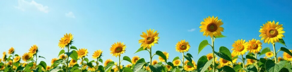 Sunflower plants stretching towards the clear blue sky, sunflowers, stems, nature