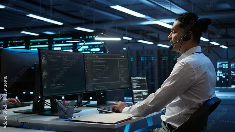 Poster data center computer scientist wearing mic headset, doing installation of networking equipment. serv