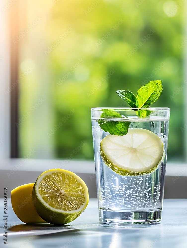 Aufkleber Refreshing glass of lemonade with fresh mint and lemon against a natural light background : Generative AI