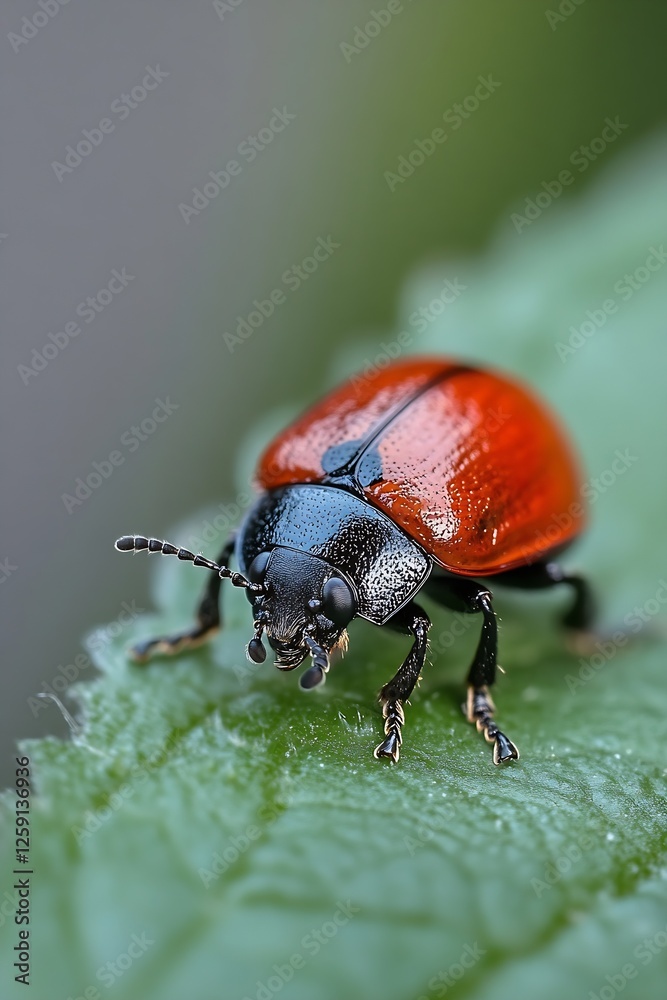 Poster close up of a vibrant red beetle on green leaf with detailed texture : generative ai