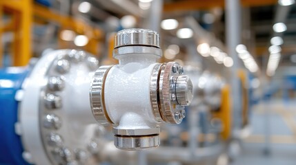 Naklejka premium Industrial valve close-up, factory background, process control