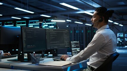 Data center computer scientist wearing mic headset, doing installation of networking equipment....