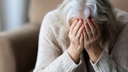 Fototapeta premium Elderly woman with gray hair expressing sadness holding her face in both hands while sitting on a cozy armchair : Generative AI
