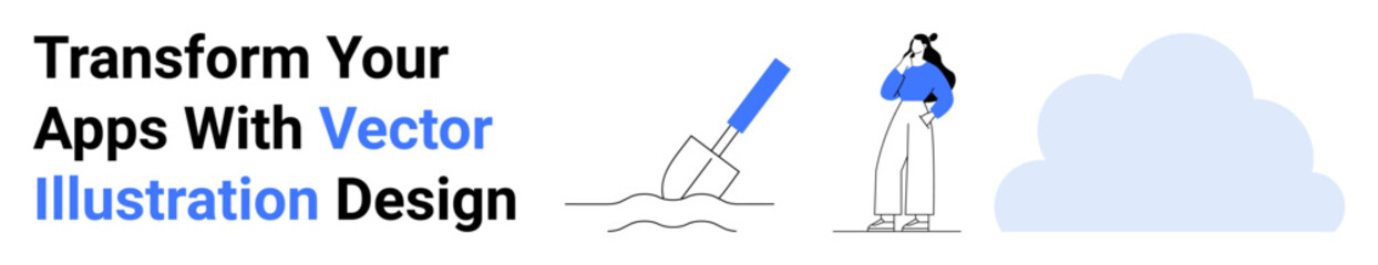 Spade digging ground, thoughtful individual, large cloud symbolizing digital tools, ideas, and growth. Ideal for creativity, design services, app branding, teamwork productivity problem-solving