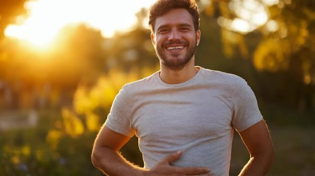 Happy caucasian man in light t-shirt holding stomach, smiling after digestive relief or constipation treatment, with blurred sunny trees background, copy space. Gut health and digestion improvement