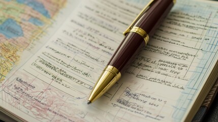 Open vacation planner notebook with a pen, featuring handwritten tour package details.