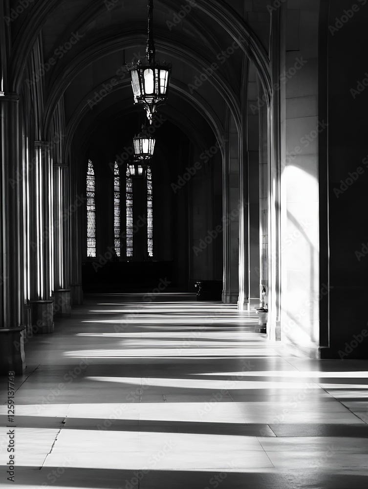 Poster Elegant Hallway with Illuminated Archway and Striking Shadow Patterns : Generative AI