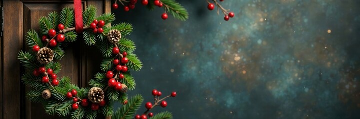 Ornate festive wreath with red berries and pinecones hung from a wooden hook, evergreen, decoration, pinecones