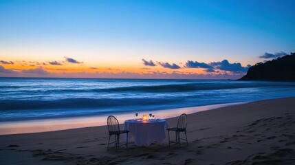 Romantic candlelit dinner setup on a secluded beach at a luxury resort.