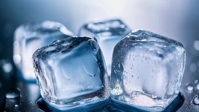 Close up of melting ice cubes with pure water drops in white and blue tones on cold surface, with copy space. Concept of cooling refreshment, ice bath and summer heat relief