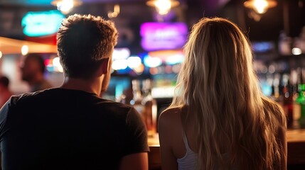 Couple Enjoys Drinks at a Bar with Colorful Neon Lights in Background : Generative AI