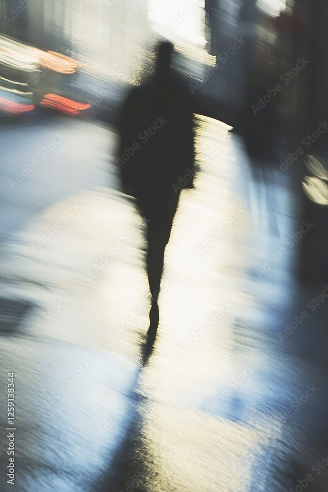 Poster blurred silhouette of a person walking on a wet street with colorful reflections highlighting the mo