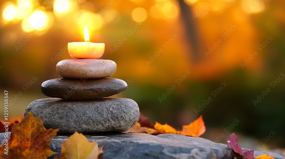 Poster serene zen stones with candle and autumn leaves reflecting calm and tranquility : generative ai