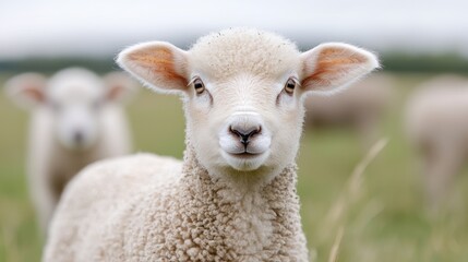 Cute lamb in a field, looking directly at the camera. Possible use stock photo for children's books or farm-related products