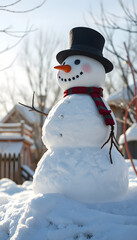Fototapeta premium Snowman is melting in the sun. Thaw, warm winter, early spring, global warming, climate change background, asian style. with white shades
