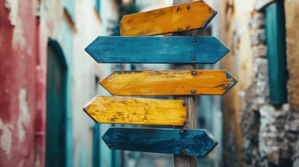 Scenic tour guide signpost with directions to famous landmarks in a vibrant city.