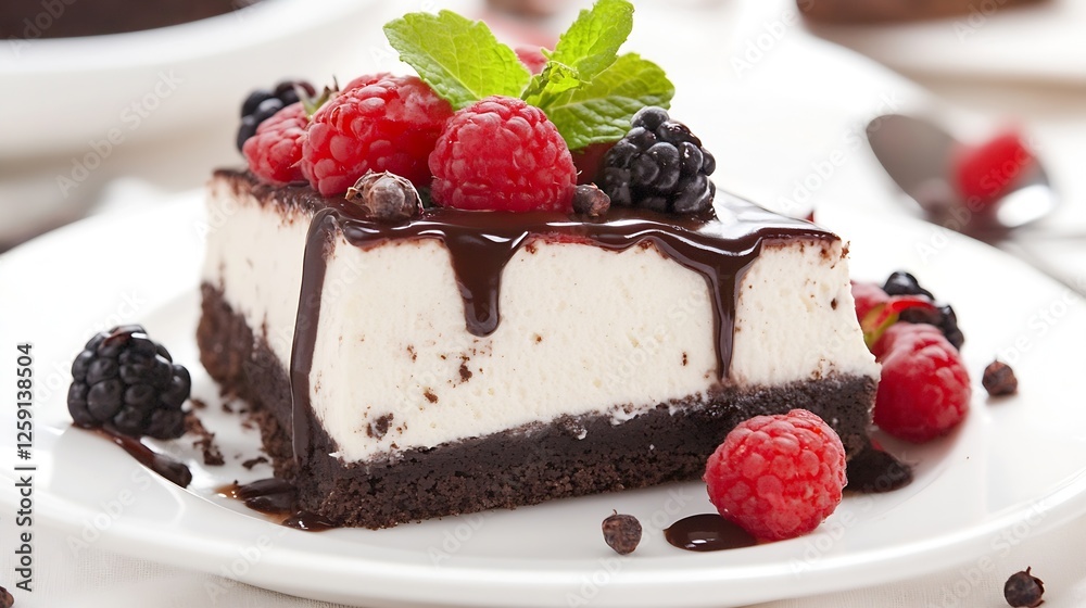 Poster delicious dessert featuring chocolate layer cake with fresh berries for culinary enjoyment : generat