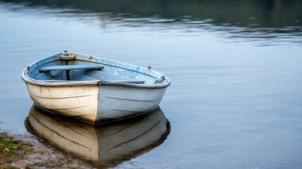 Obraz premium Classic wooden fishing boat floating on calm water reflecting trees and sky on a peaceful lake at twilight : Generative AI