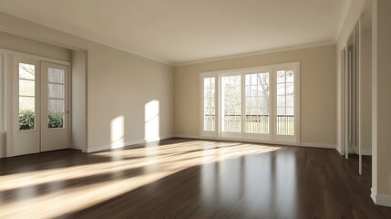Obraz premium Bright and airy empty room with large windows allowing natural light to fill the space : Generative AI