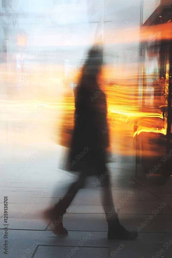 Fototapete Dynamic Movement of Silhouette in Urban Scene with Blurred Lights and Motion Effect : Generative AI