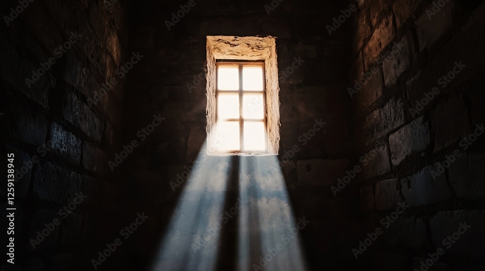 Poster Sunlight Streaming Through a Vintage Window in a Dark Room Creating Magical Atmosphere : Generative AI