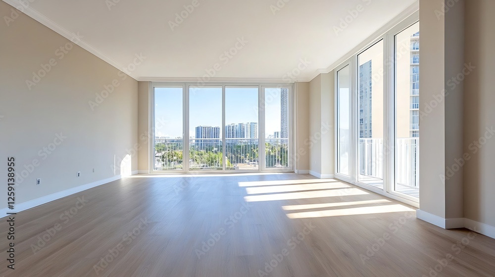 Aufkleber spacious and modern empty living room with large windows offering a stunning view on a bright sunny 