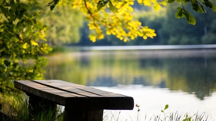 Naklejka premium Serene lakeside wooden bench surrounded by lush greenery under a bright sunny sky : Generative AI