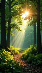 Obraz premium Panorama with sunlight filtering through trees, scenery, sunlight, sunlight rays