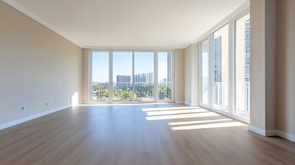 Spacious and modern empty living room with large windows offering a stunning view on a bright sunny day : Generative AI