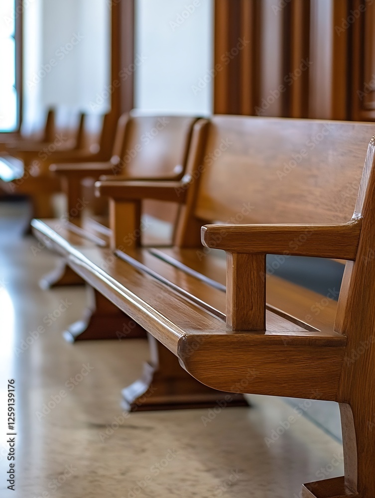 Poster elegant wooden chairs in a quiet setting with soft focus on a peaceful hallway : generative ai