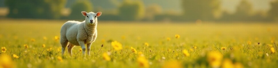 Obraz premium Sheep standing alone in a field, farm animals, farm landscape, vector illustration