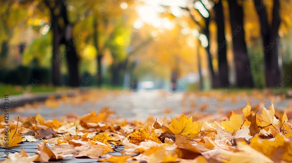 Poster vibrant autumn leaves covering a cobblestone pathway in a beautiful natural setting : generative ai